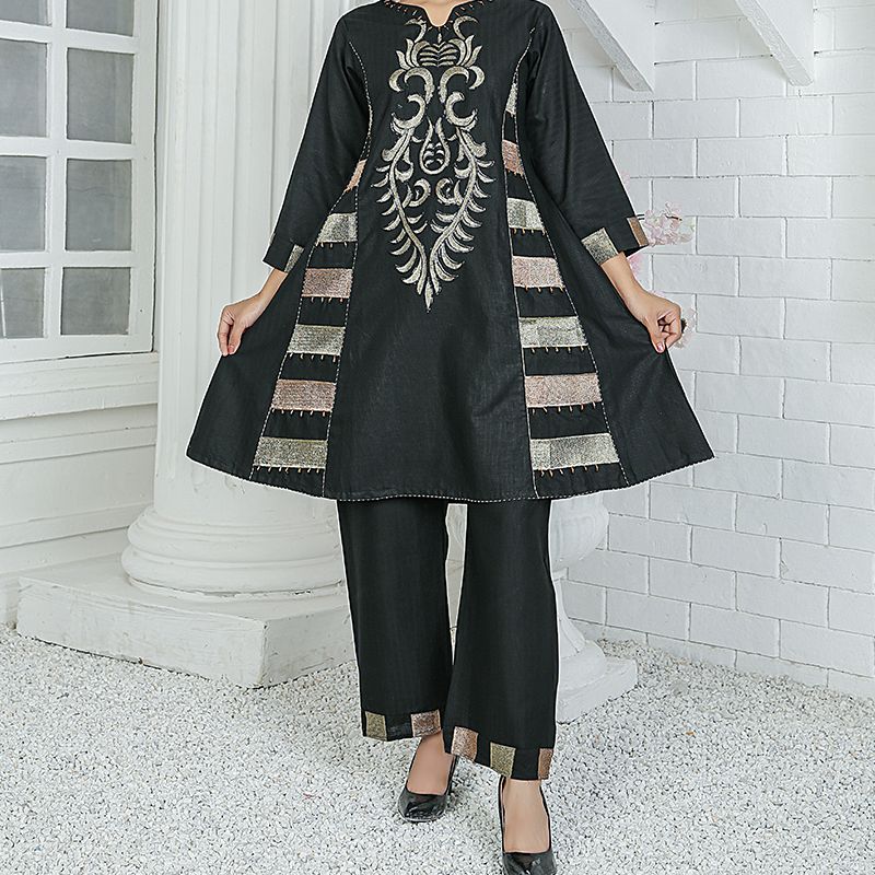 2 Piece Kurti Salwar Embroidery Set - Pure Cotton Collection Stylish Solid Color Light Weight Cotton Fabric Suit Top Bottom Salwar Kameez Indian Pakistani Embroidered Suit For Event Party Outdoor Dress - Black - Shop N Save