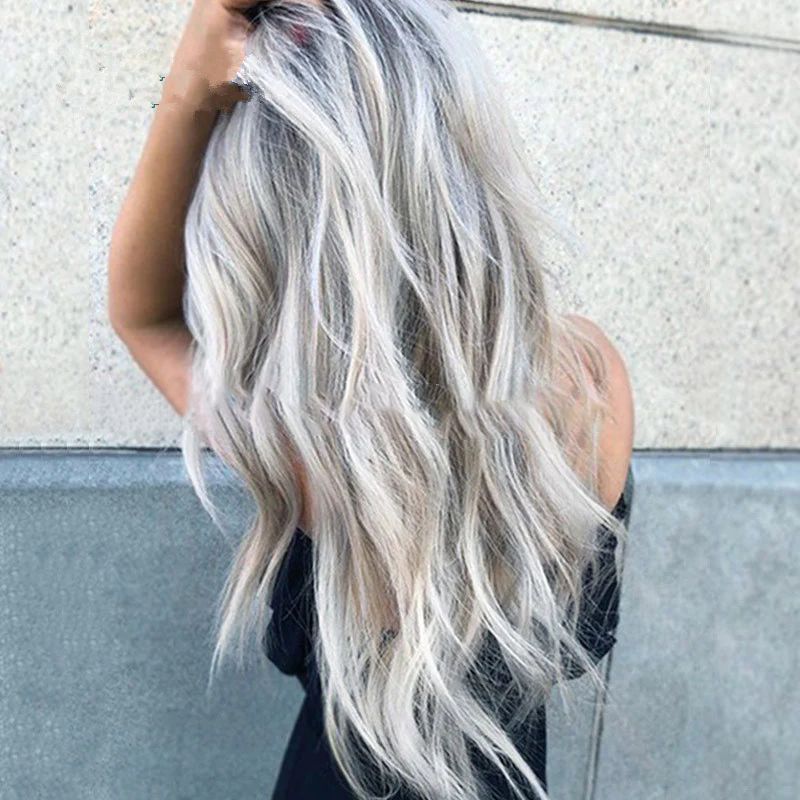 Wavy Long Hair Wig - Black &amp; Gray Gradient T-Color European Fashion Headgear