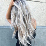 Wavy Long Hair Wig - Black &amp; Gray Gradient T-Color European Fashion Headgear