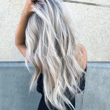 Wavy Long Hair Wig - Black &amp; Gray Gradient T-Color European Fashion Headgear