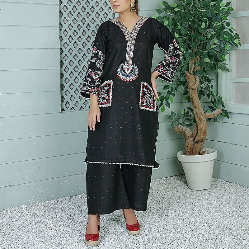 2 Piece Kurti Salwar Embroidery Set - Pure Cotton Collection Stylish Solid Color Light Weight Cotton Fabric Suit Top Bottom Salwar Kameez Indian Pakistani Embroidered Suit For Event Party Outdoor Dress - Black - Shop N Save