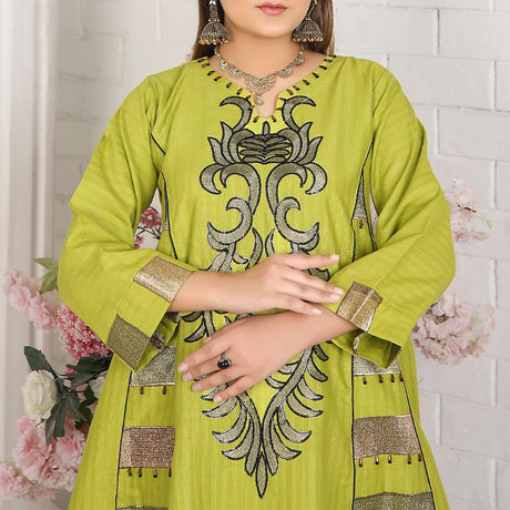 2 Piece Kurti Salwar Embroidery Set - Pure Cotton Collection Stylish Solid Color Light Weight Cotton Fabric Suit Top Bottom Salwar Kameez Indian Pakistani Embroidered Suit For Event Party Outdoor Dress - Green - Shop N Save