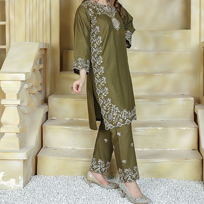 2 Piece Kurti Salwar Embroidery Set - Pure Cotton Collection Stylish Solid Color Light Weight Cotton Fabric Suit Top Bottom Salwar Kameez Indian Pakistani Embroidered Suit For Event Party Outdoor Dress - Dark Green - Shop N Save