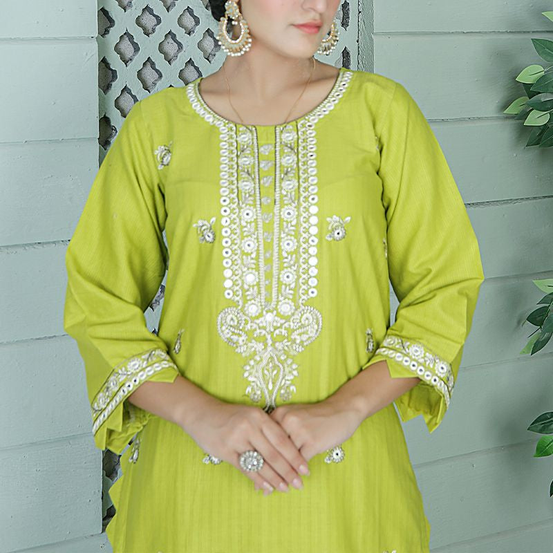 2 Piece Kurti Salwar Embroidery Set - Pure Cotton Collection Stylish Solid Color Light Weight Cotton Fabric Suit Top Bottom Salwar Kameez Indian Pakistani Embroidered Suit For Event Party Outdoor Dress - Green - Shop N Save
