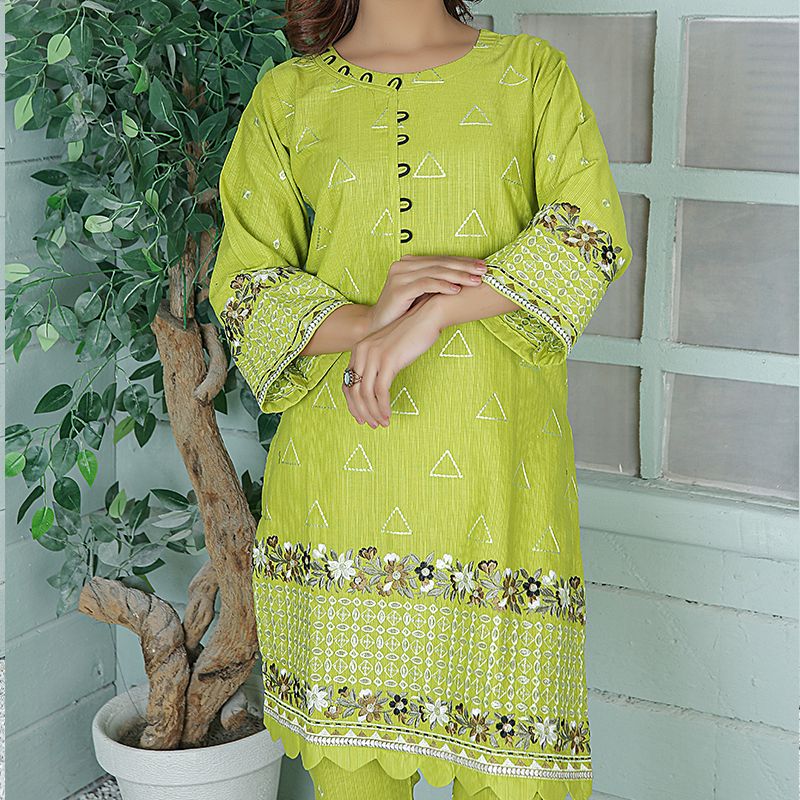 2 Piece Kurti Salwar Embroidery Set - Pure Cotton Collection Stylish Solid Color Light Weight Cotton Fabric Suit Top Bottom Salwar Kameez Indian Pakistani Embroidered Suit For Event Party Outdoor Dress - Green - Shop N Save