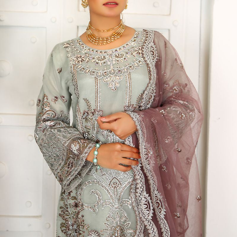 3 Piece Fancy Embroidery Dress - Stylish Light Weight Chiffon Organza Fabric Suit Indian Pakistani Fancy Embroidered Dress For Events Party Outdoor Dress - Gray - Shop N Save
