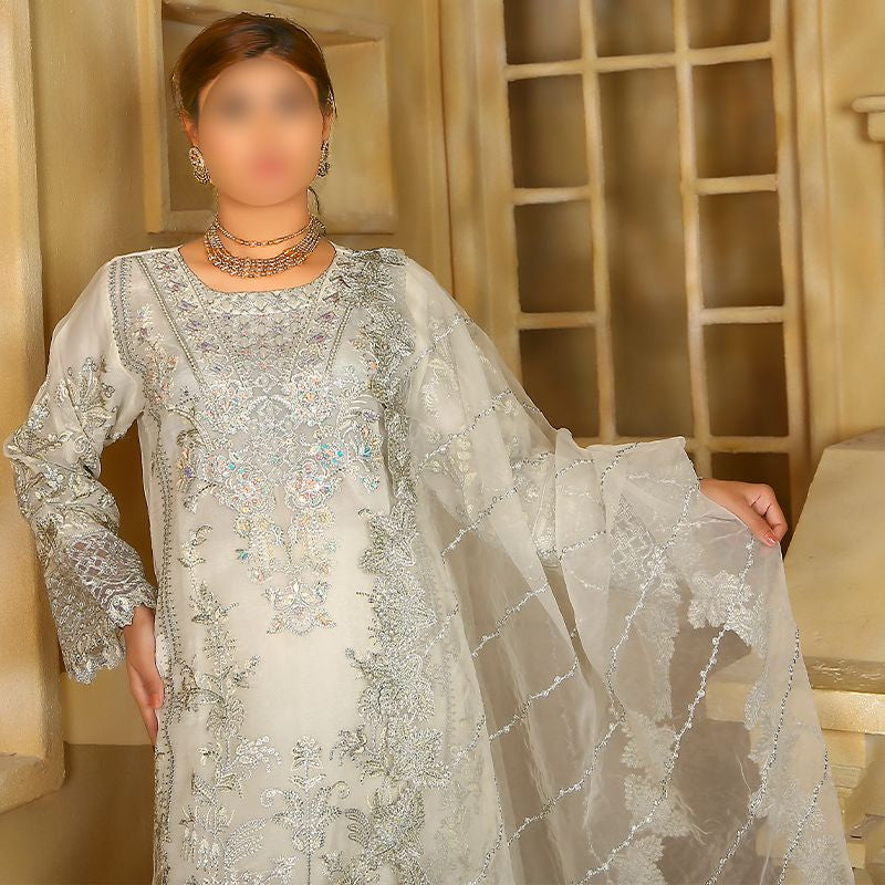 3 Piece Fancy Embroidery Dress - Stylish Light Weight Chiffon Organza Fabric Suit Indian Pakistani Fancy Embroidered Dress For Events Party Outdoor Dress - Offwhite - Shop N Save