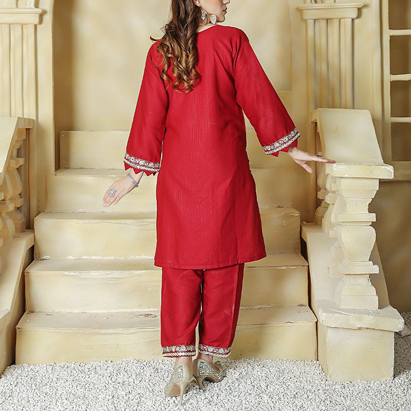 2 Piece Kurti Salwar Embroidery Set - Pure Cotton Collection Stylish Solid Color Light Weight Cotton Fabric Suit Top Bottom Salwar Kameez Indian Pakistani Embroidered Suit For Event Party Outdoor Dress - Maroon - Shop N Save