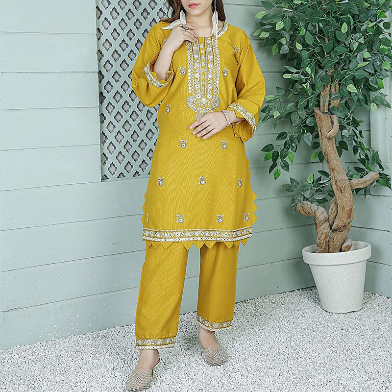 2 Piece Kurti Salwar Embroidery Set - Pure Cotton Collection Stylish Solid Color Light Weight Cotton Fabric Suit Top Bottom Salwar Kameez Indian Pakistani Embroidered Suit For Event Party Outdoor Dress - Yellow - Shop N Save