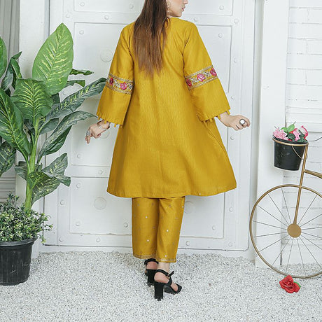 2 Piece Kurti Salwar Embroidery Set - Pure Cotton Collection Stylish Solid Color Light Weight Cotton Fabric Suit Top Bottom Salwar Kameez Indian Pakistani Embroidered Suit For Event Party Outdoor Dress - Golden - Shop N Save