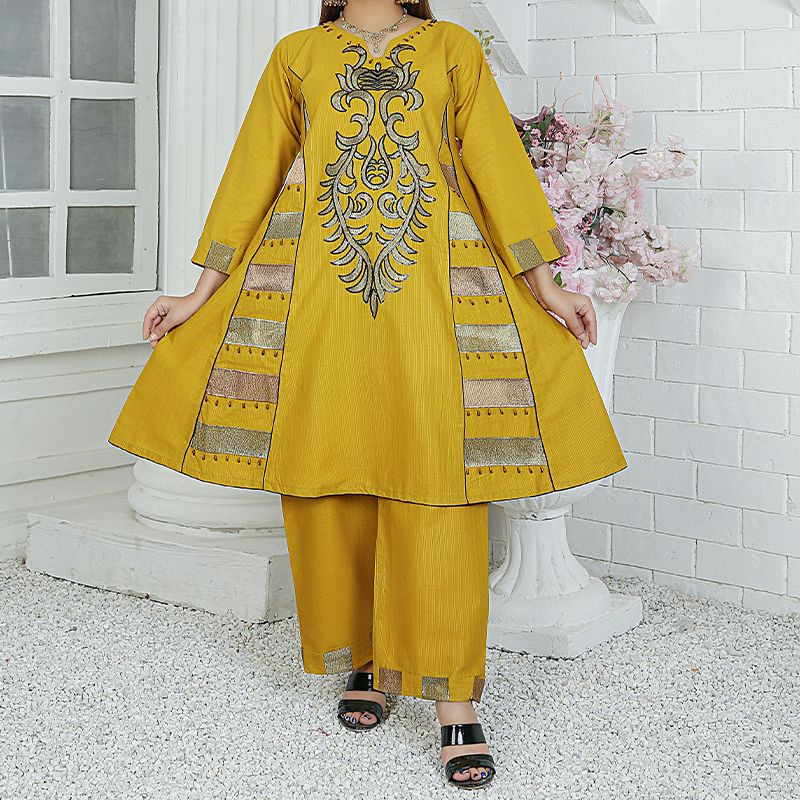 2 Piece Kurti Salwar Embroidery Set - Pure Cotton Collection Stylish Solid Color Light Weight Cotton Fabric Suit Top Bottom Salwar Kameez Indian Pakistani Embroidered Suit For Event Party Outdoor Dress - Golden - Shop N Save