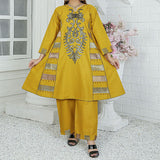 2 Piece Kurti Salwar Embroidery Set - Pure Cotton Collection Stylish Solid Color Light Weight Cotton Fabric Suit Top Bottom Salwar Kameez Indian Pakistani Embroidered Suit For Event Party Outdoor Dress - Golden - Shop N Save
