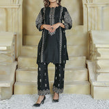 2 Piece Kurti Salwar Embroidery Set - Pure Cotton Collection Stylish Solid Color Light Weight Cotton Fabric Suit Top Bottom Salwar Kameez Indian Pakistani Embroidered Suit For Event Party Outdoor Dress - Black - Shop N Save