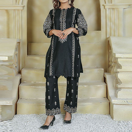 2 Piece Kurti Salwar Embroidery Set - Pure Cotton Collection Stylish Solid Color Light Weight Cotton Fabric Suit Top Bottom Salwar Kameez Indian Pakistani Embroidered Suit For Event Party Outdoor Dress - Black - Shop N Save