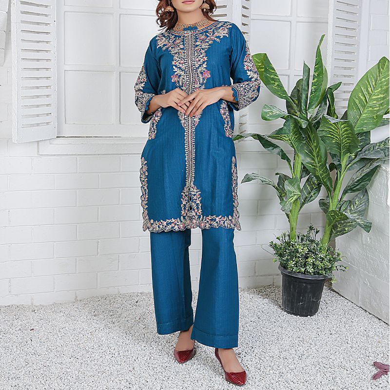 Piece Kurti Salwar Embroidery Set - Pure Cotton Collection Stylish Solid Color Light Weight Cotton Fabric Suit Top Bottom Salwar Kameez Indian Pakistani Embroidered Suit For Event Party Outdoor Dress - Dark Blue - Shop N Save