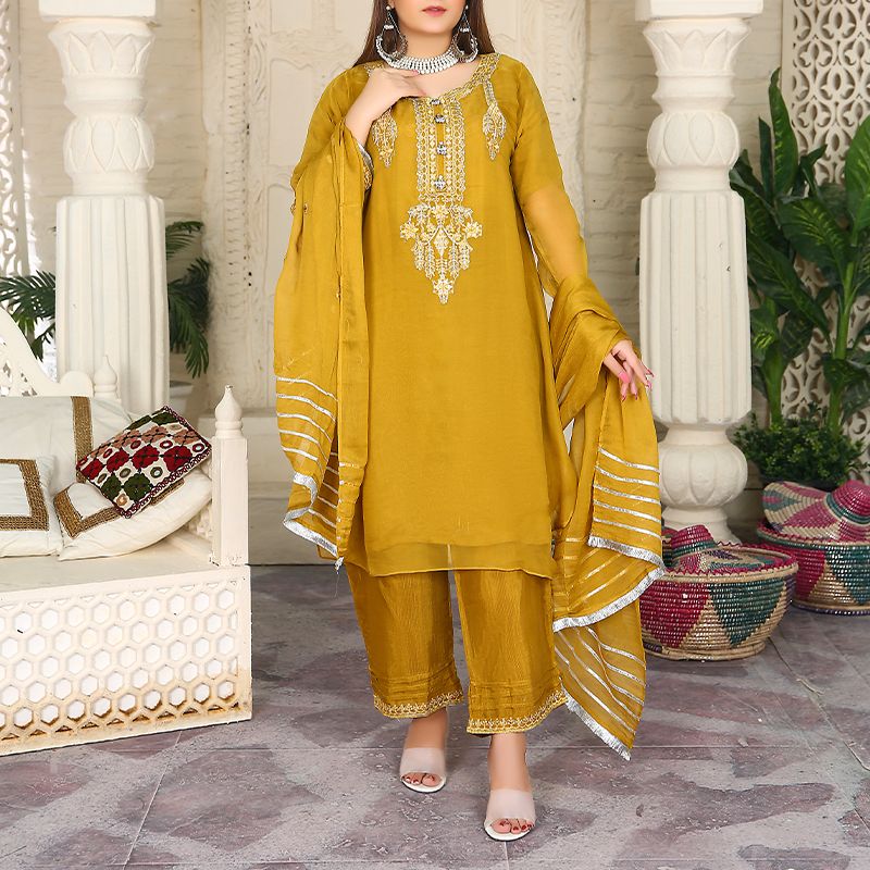 3 Piece Fancy Embroidery Dress - Stylish Light Weight Chiffon Organza Fabric Suit Indian Pakistani Fancy Embroidered Dress For Events Party Outdoor Dress - Golden - Shop N Save