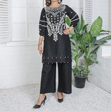 2 Piece Kurti Salwar Embroidery Set - Pure Cotton Collection Stylish Solid Color Light Weight Cotton Fabric Suit Top Bottom Salwar Kameez Indian Pakistani Embroidered Suit For Event Party Outdoor Dress - Black - Shop N Save