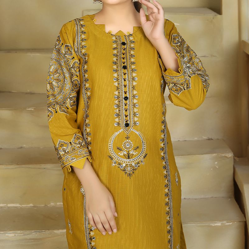 2 Piece Kurti Salwar Embroidery Set - Pure Cotton Collection Stylish Solid Color Light Weight Cotton Fabric Suit Top Bottom Salwar Kameez Indian Pakistani Embroidered Suit For Event Party Outdoor Dress - Golden - Shop N Save