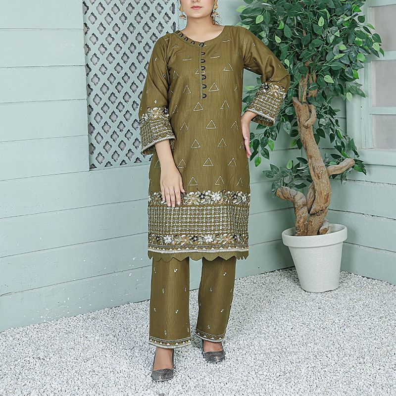 2 Piece Kurti Salwar Embroidery Set - Pure Cotton Collection Stylish Solid Color Light Weight Cotton Fabric Suit Top Bottom Salwar Kameez Indian Pakistani Embroidered Suit For Event Party Outdoor Dress - Dark Green - Shop N Save