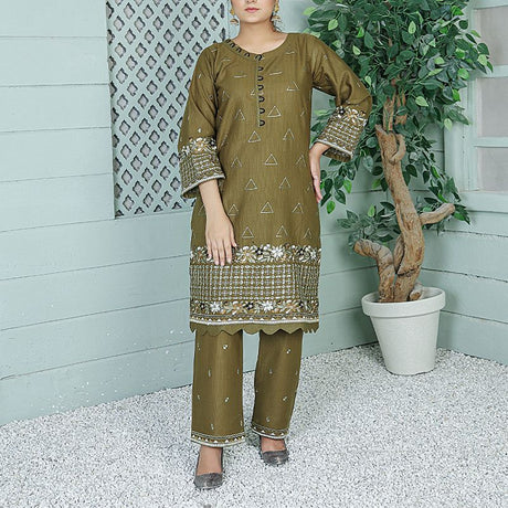 2 Piece Kurti Salwar Embroidery Set - Pure Cotton Collection Stylish Solid Color Light Weight Cotton Fabric Suit Top Bottom Salwar Kameez Indian Pakistani Embroidered Suit For Event Party Outdoor Dress - Dark Green - Shop N Save