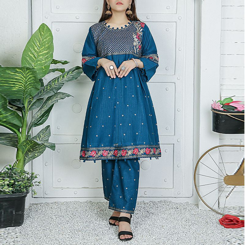 2 Piece Kurti Salwar Embroidery Set - Pure Cotton Collection Stylish Solid Color Light Weight Cotton Fabric Suit Top Bottom Salwar Kameez Indian Pakistani Embroidered Suit For Event Party Outdoor Dress - Dark Blue - Shop N Save