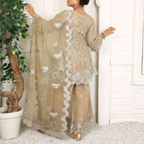 3 Piece Fancy Embroidery Dress - Stylish Light Weight Chiffon Organza Fabric Suit Indian Pakistani Fancy Embroidered Dress For Events Party Outdoor Dress - Khaki - Shop N Save