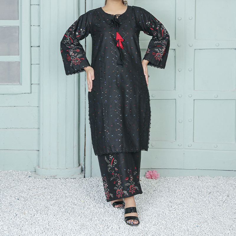 2 Piece Kurti Salwar Embroidery Set - Pure Cotton Collection Stylish Solid Color Light Weight Cotton Fabric Suit Top Bottom Salwar Kameez Indian Pakistani Embroidered Suit For Event Party Outdoor Dress - Black - Shop N Save