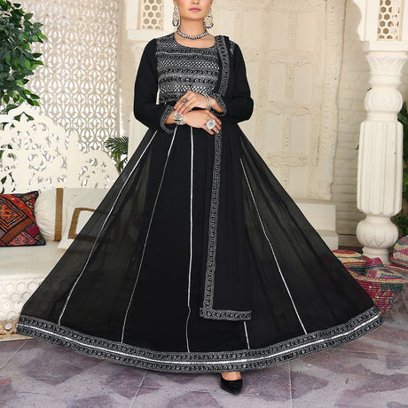 3 Piece Fancy Embroidery Dress - Stylish Light Weight Chiffon Fabric Suit Indian Pakistani Fancy Embroidered Dress For Events Party Outdoor Dress - Black - Shop N Save