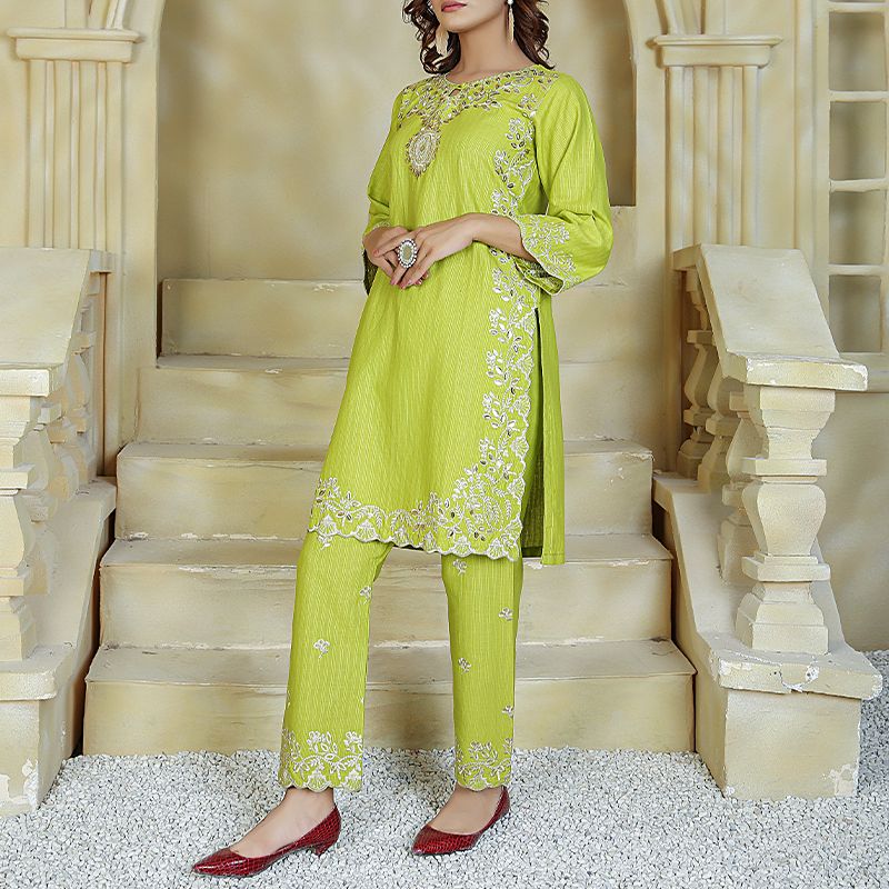 2 Piece Kurti Salwar Embroidery Set - Pure Cotton Collection Stylish Solid Color Light Weight Cotton Fabric Suit Top Bottom Salwar Kameez Indian Pakistani Embroidered Suit For Event Party Outdoor Dress - Green - Shop N Save