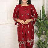 2 Piece Kurti Salwar Embroidery Set - Pure Cotton Collection Stylish Solid Color Light Weight Cotton Fabric Suit Top Bottom Salwar Kameez Indian Pakistani Embroidered Suit For Event Party Outdoor Dress - Maroon - Shop N Save
