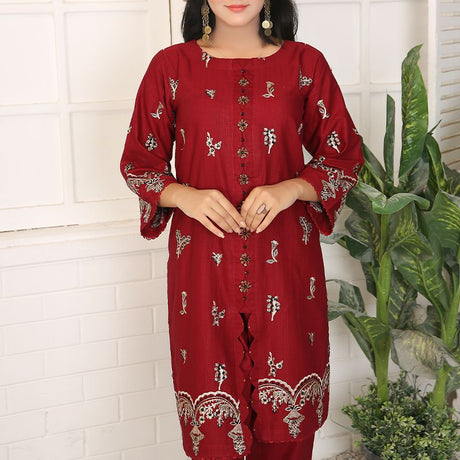 2 Piece Kurti Salwar Embroidery Set - Pure Cotton Collection Stylish Solid Color Light Weight Cotton Fabric Suit Top Bottom Salwar Kameez Indian Pakistani Embroidered Suit For Event Party Outdoor Dress - Maroon - Shop N Save