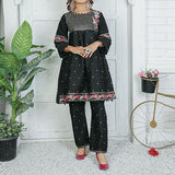2 Piece Kurti Salwar Embroidery Set - Pure Cotton Collection Stylish Solid Color Light Weight Cotton Fabric Suit Top Bottom Salwar Kameez Indian Pakistani Embroidered Suit For Event Party Outdoor Dress - Black - Shop N Save