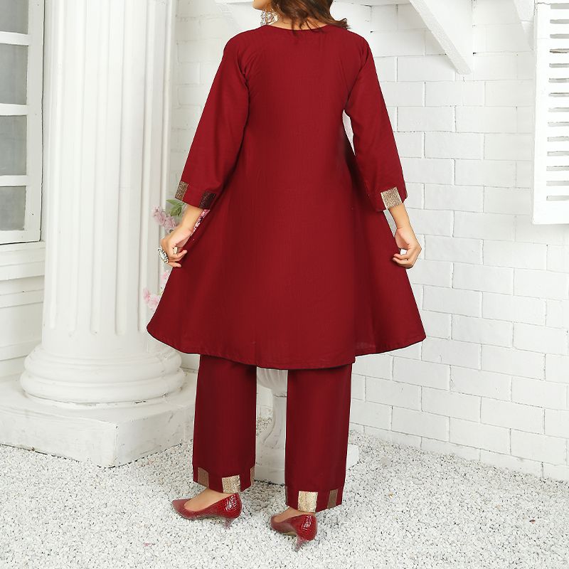 2 Piece Kurti Salwar Embroidery Set - Pure Cotton Collection Stylish Solid Color Light Weight Cotton Fabric Suit Top Bottom Salwar Kameez Indian Pakistani Embroidered Suit For Event Party Outdoor Dress - Maroon - Shop N Save