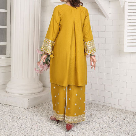 2 Piece Kurti Salwar Embroidery Set - Pure Cotton Collection Stylish Solid Color Light Weight Cotton Fabric Suit Top Bottom Salwar Kameez Indian Pakistani Embroidered Suit For Event Party Outdoor Dress - Golden - Shop N Save