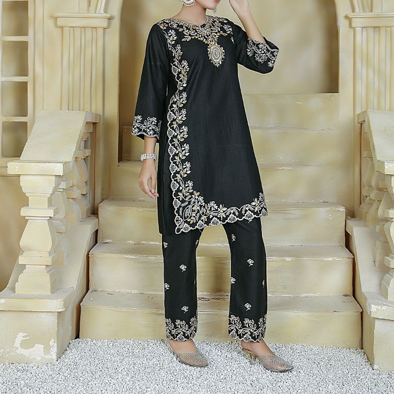 2 Piece Kurti Salwar Embroidery Set - Pure Cotton Collection Stylish Solid Color Light Weight Cotton Fabric Suit Top Bottom Salwar Kameez Indian Pakistani Embroidered Suit For Event Party Outdoor Dress - Black - Shop N Save