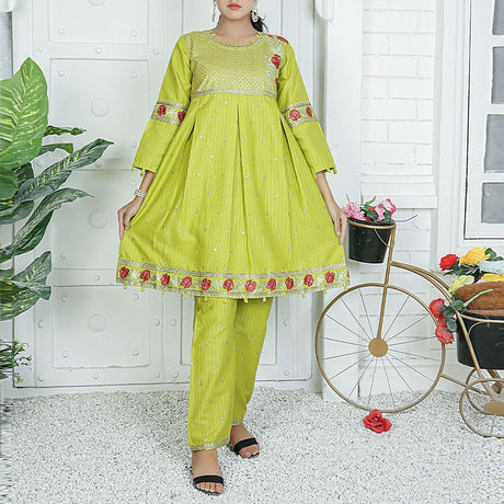2 Piece Kurti Salwar Embroidery Set - Pure Cotton Collection Stylish Solid Color Light Weight Cotton Fabric Suit Top Bottom Salwar Kameez Indian Pakistani Embroidered Suit For Event Party Outdoor Dress - Green - Shop N Save