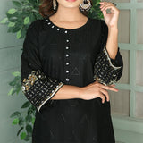 2 Piece Kurti Salwar Embroidery Set - Pure Cotton Collection Stylish Solid Color Light Weight Cotton Fabric Suit Top Bottom Salwar Kameez Indian Pakistani Embroidered Suit For Event Party Outdoor Dress - Black - Shop N Save