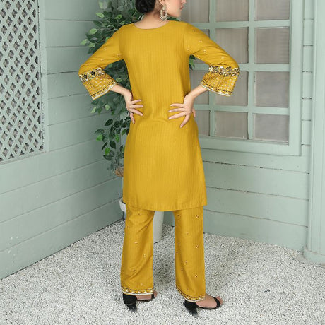 2 Piece Kurti Salwar Embroidery Set - Pure Cotton Collection Stylish Solid Color Light Weight Cotton Fabric Suit Top Bottom Salwar Kameez Indian Pakistani Embroidered Suit For Event Party Outdoor Dress - Golden - Shop N Save