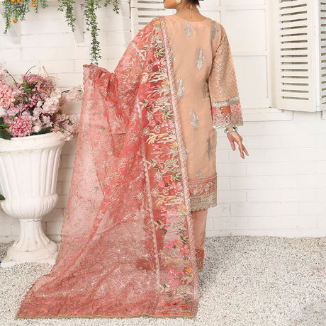 3 Piece Fancy Embroidery Dress - Stylish Light Weight Chiffon Organza Fabric Suit Indian Pakistani Fancy Embroidered Dress For Events Party Outdoor Dress - Light Pink - Shop N Save
