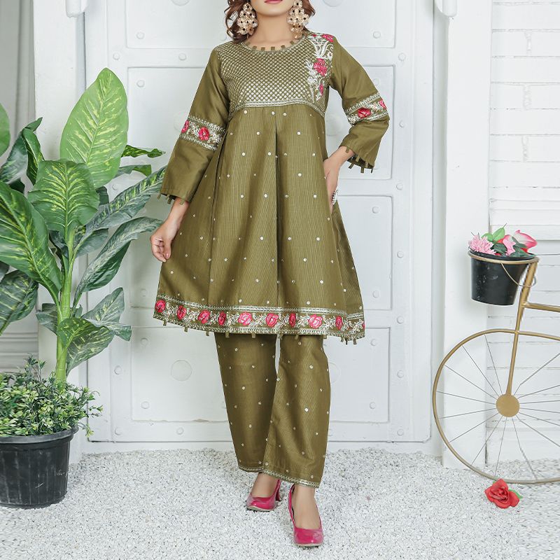 2 Piece Kurti Salwar Embroidery Set - Pure Cotton Collection Stylish Solid Color Light Weight Cotton Fabric Suit Top Bottom Salwar Kameez Indian Pakistani Embroidered Suit For Event Party Outdoor Dress - Dark Green - Shop N Save