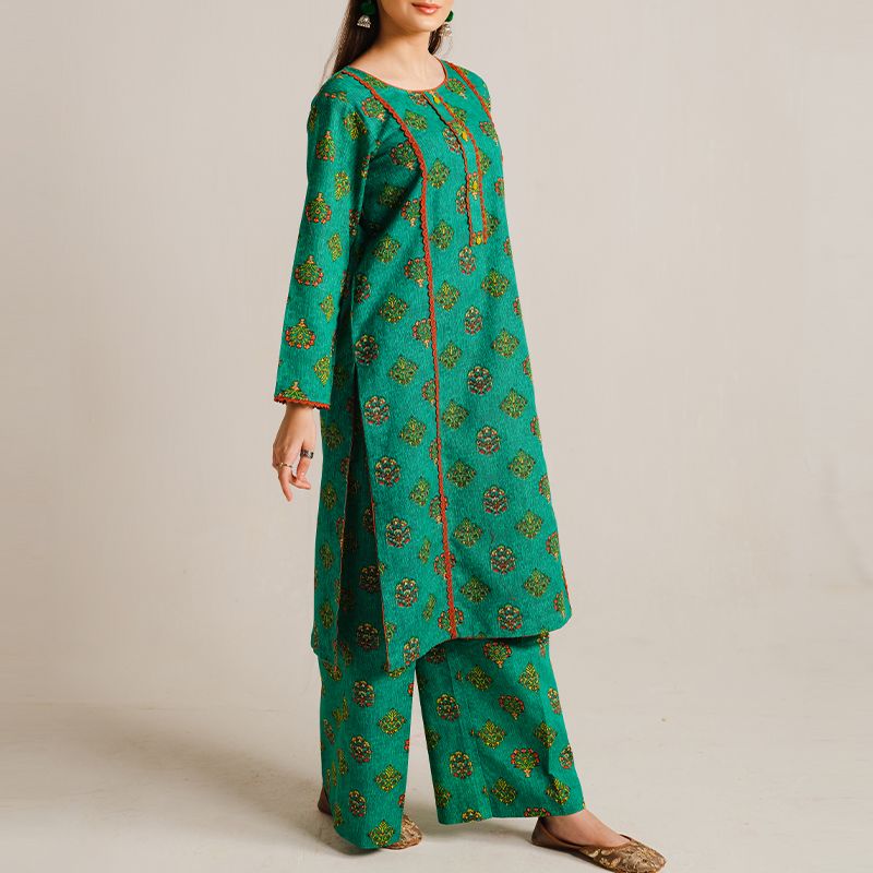 2 Piece Digital Print Kurti Salwar Set - Pure Cotton Collection Stylish Light Weight Cotton Fabric Suit Top Bottom Salwar Kameez Indian Pakistani Printed Suit For Casual Outdoor Dress - Dark Green - Shop N Save