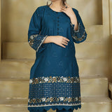 2 Piece Kurti Salwar Embroidery Set - Pure Cotton Collection Stylish Solid Color Light Weight Cotton Fabric Suit Top Bottom Salwar Kameez Indian Pakistani Embroidered Suit For Event Party Outdoor Dress - Dark Blue - Shop N Save