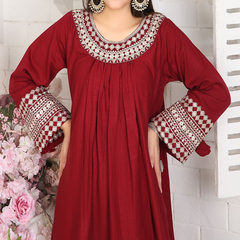 2 Piece Kurti Salwar Embroidery Set - Pure Cotton Collection Stylish Solid Color Light Weight Cotton Fabric Suit Top Bottom Salwar Kameez Indian Pakistani Embroidered Suit For Event Party Outdoor Dress - Maroon - Shop N Save