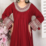 2 Piece Kurti Salwar Embroidery Set - Pure Cotton Collection Stylish Solid Color Light Weight Cotton Fabric Suit Top Bottom Salwar Kameez Indian Pakistani Embroidered Suit For Event Party Outdoor Dress - Maroon - Shop N Save