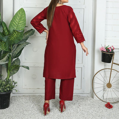 2 Piece Kurti Salwar Embroidery Set - Pure Cotton Collection Stylish Solid Color Light Weight Cotton Fabric Suit Top Bottom Salwar Kameez Indian Pakistani Embroidered Suit For Event Party Outdoor Dress - Maroon - Shop N Save