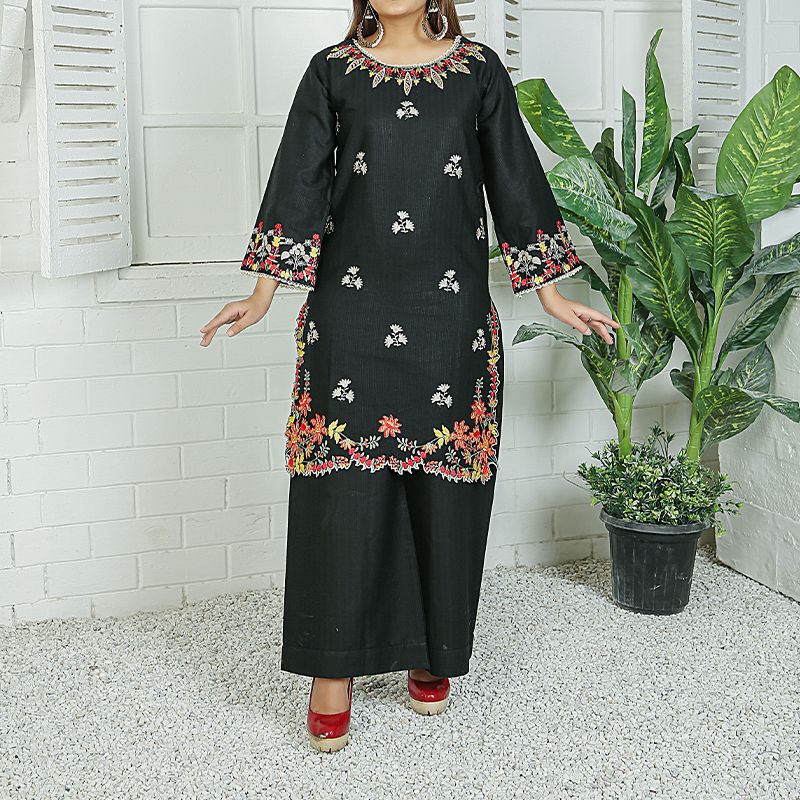 2 Piece Kurti Salwar Embroidery Set - Pure Cotton Collection Stylish Solid Color Light Weight Cotton Fabric Suit Top Bottom Salwar Kameez Indian Pakistani Embroidered Suit For Event Party Outdoor Dress - Black - Shop N Save