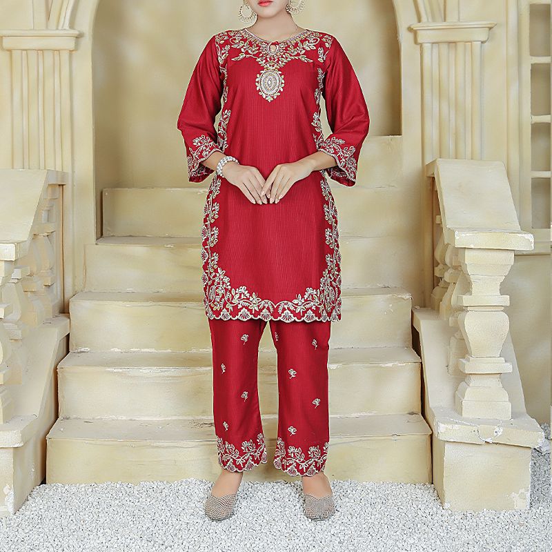 2 Piece Kurti Salwar Embroidery Set - Pure Cotton Collection Stylish Solid Color Light Weight Cotton Fabric Suit Top Bottom Salwar Kameez Indian Pakistani Embroidered Suit For Event Party Outdoor Dress - Maroon - Shop N Save