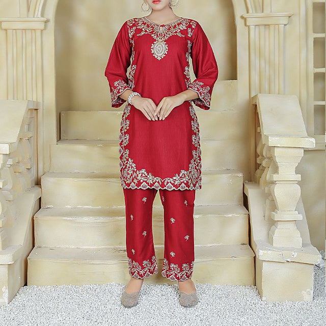 2 Piece Kurti Salwar Embroidery Set - Pure Cotton Collection Stylish Solid Color Light Weight Cotton Fabric Suit Top Bottom Salwar Kameez Indian Pakistani Embroidered Suit For Event Party Outdoor Dress - Maroon - Shop N Save