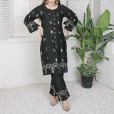 2 Piece Kurti Salwar Embroidery Set - Pure Cotton Collection Stylish Solid Color Light Weight Cotton Fabric Suit Top Bottom Salwar Kameez Indian Pakistani Embroidered Suit For Event Party Outdoor Dress - Black - Shop N Save