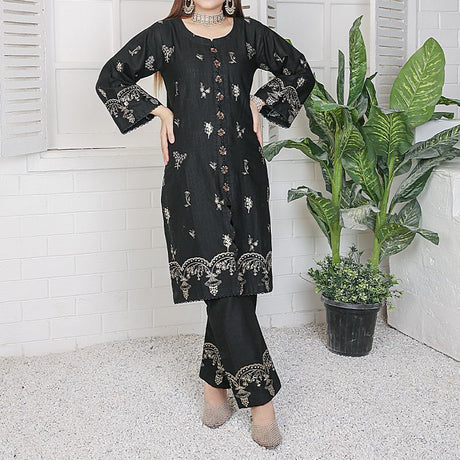 2 Piece Kurti Salwar Embroidery Set - Pure Cotton Collection Stylish Solid Color Light Weight Cotton Fabric Suit Top Bottom Salwar Kameez Indian Pakistani Embroidered Suit For Event Party Outdoor Dress - Black - Shop N Save